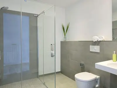 Badezimmer mit Dusche, WC und Waschtisch