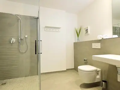 Badezimmer mit Dusche, WC und Waschtisch