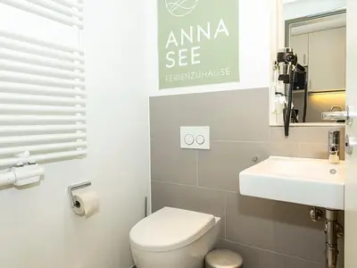 Badezimmer mit Dusche, Waschtisch, WC und Spiegel