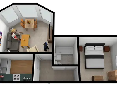 Grundriss. das Schlafzimmer hat deckenhohe Panoramafenster mit Blick auf den Rosengarten seitlich am Gebäude