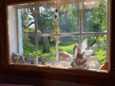 Der Blick aus dem Wohnzimmerfenster in den Garten