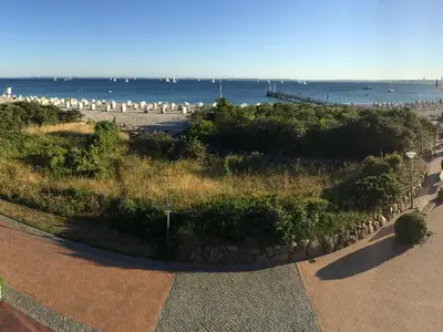 Ausblick aus dem Fenster. Panoramablick über Promenade, Strand und Lübecker Bucht von Ost über Süd nach West