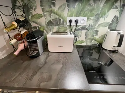 Induktion Herdplatte mit Abzugshaube, Espresso Maschine (Nespresso), Toaster und Wasserkocher