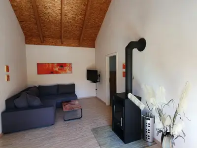 Wohnzimmer mit Couch und Kamin