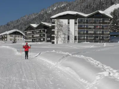 Appartementhaus im Winter (direkt an Loipe + Piste