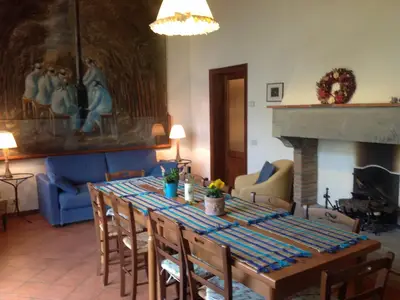 Wohnzimmer mit Doppelcouch und Kamin