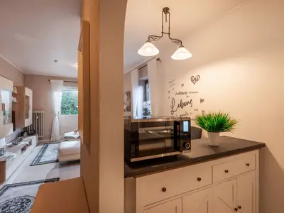 Küche mit Blick in den Ess- und Wohnbereich