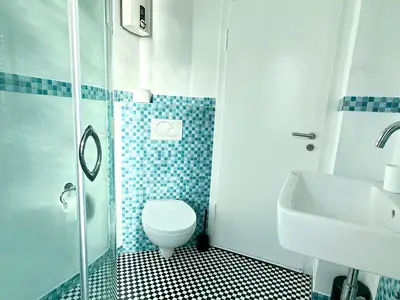 das helle Tageslichtbad mit Dusche und WC