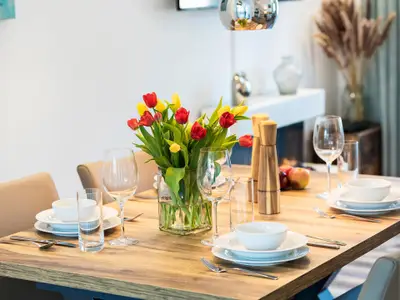 Wohn/Essbereich: Schlafsofa, TV, Zugang zur Terrasse