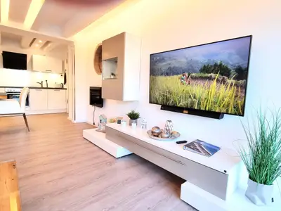 Wohnzimmer: Essbereich, Schlafsofa, Elektro-Kamin, Smart- TV, Zugang zum Balkon