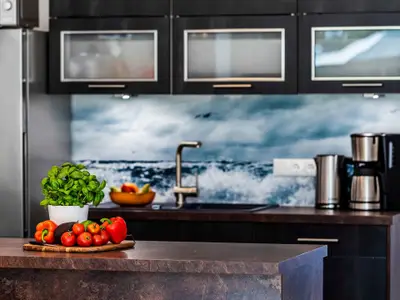 Küche: offene Küche, Kühlschrank, Backofen, Spülmaschine, Geschirr/Besteck, Kochutensilien, Toaster, Mikrowelle, Filterk