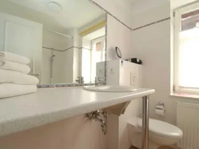 Badezimmer mit Dusche/Wc und großem Waschbecken