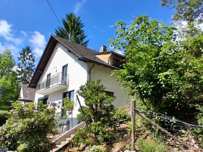 Blick vom Waldrand auf das Haus