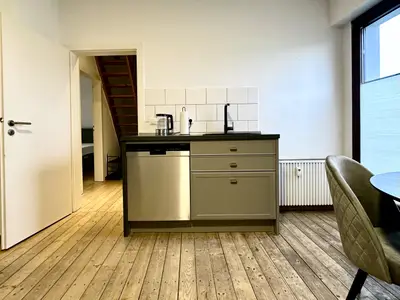 helle und moderne Küche mit Backofen, Herd und Spülmaschine