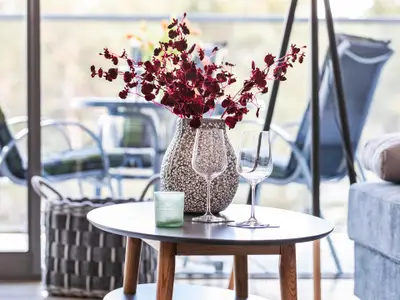 Wohn-/Essbereich: Sofa, Sitzgruppe, Essbereich, TV, Zugang zum Balkon