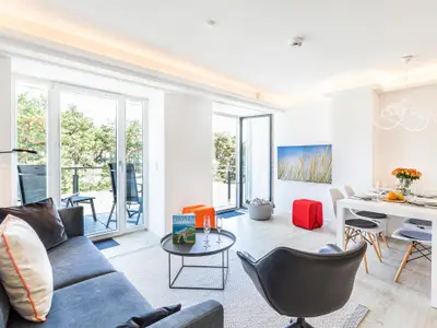 Wohn/Essbereich: Sofa, Sessel, TV, Zugang zum Balkon