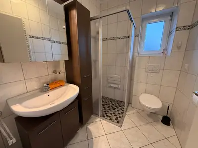 Badezimmer, Spiegelschrank, Dusche, Toilette