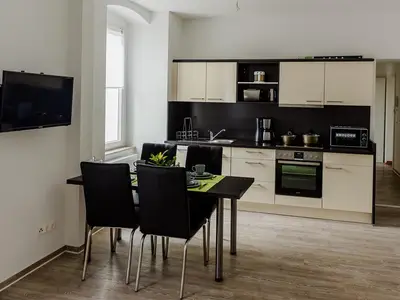 Ferienwohnung prásinos - grün Küchenblick