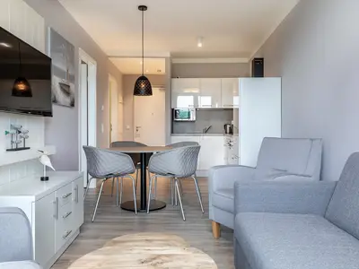 Wohn-Essbereich mit Doppelschlafcouch und Flatscreen-TV