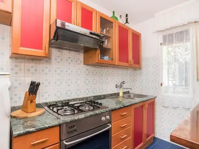 Die Küche mit 3 Gasbrennern und einem elektrischen, Backofen, Dunstabzugshaube, Kühlschrank ...