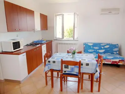 Die Küche mit Mikrowelle und Klimaanlage