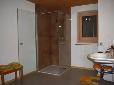 Neu renoviertes Badezimmer mit Waschbecken, Toilette und Dusche