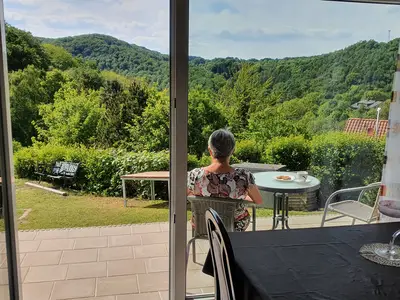 Blick auf dei Terasse vom Wohnzimmer