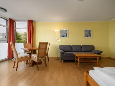Ferienwohnung Abendsonne Waren - offener Wohnbereich mit gemütlichem schwarzen Sofa