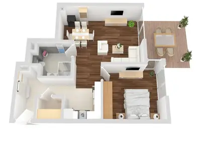 Ferienwohnung Fischotter Waren (Müritz) - Grundriss der Ferienwohnung mit Wohn-, Schlaf- und Essbereich