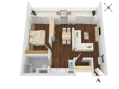 Ferienwohnung First Marina View Waren (Müritz) - Grundriss mit durchdachter Raumaufteilung und Balkon zum Hafen