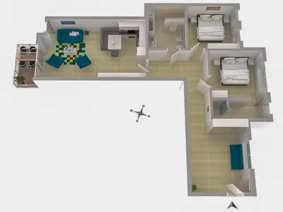 Ferienwohnung Müritz Utkiek Waren (Müritz) - Grundriss mit großzügigem Wohnbereich, zwei Schlafzimmern und Balkon