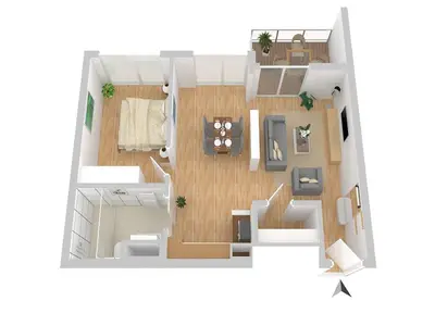 Ferienwohnung Sieglinde Hafenresidenz Waren (Müritz) – Grundriss der modernen Ferienwohnung mit Balkon und Seeblick