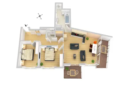 ChatGPT:  Ferienwohnung Garzini Hafenresidenz Waren (Müritz) – Grundriss der großzügigen Ferienwohnung mit zwei SZ