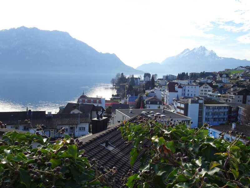 Top Aussicht über Weggis, See und Berge (Hier Bürgenstock und Pilatus) von BEIDEN BALKONEN aus. Sogar vom Bett aus!