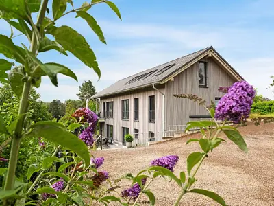 Modernes Haus mit Gartenblüten