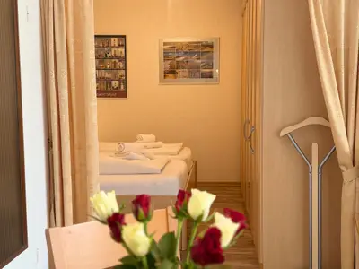 Wohnzimmer zum Schlafbereich ist offen, mit einem Vorhang zu trennen