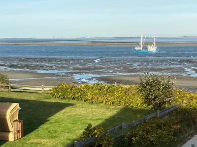 Blick nach Föhr aus der Küche der Ferienwohnung Tidenblick in Wittdün auf Amrum