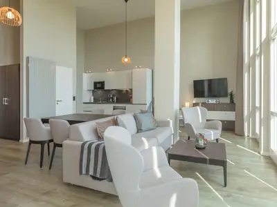 Ferienwohnung Mehr Meerblick offener Wohnbereich mit Küchenzeile