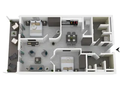 Ferienapartment Ostseestuv Wustrow – Grundriss der modernen Ferienwohnung mit zwei Schlafzimmern, Wohnbereich