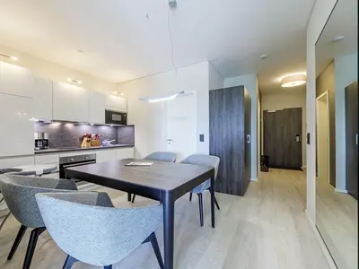 Ferienapartment Ostseestuv Wustrow – Moderne Küche mit stilvollem Essbereich und hochwertiger Ausstattung