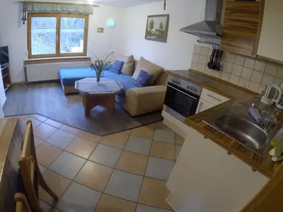 Wohnzimmer mit Küche Ferienwohnung Taubenhaus