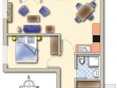 Grundriss vom Wohnzimmer, Schlafzimmer, Küche, Badezimmer und Flur