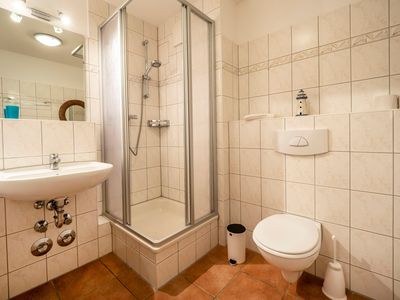 Badezimmer mit Spiegel, Waschbecken, WC und Dusche