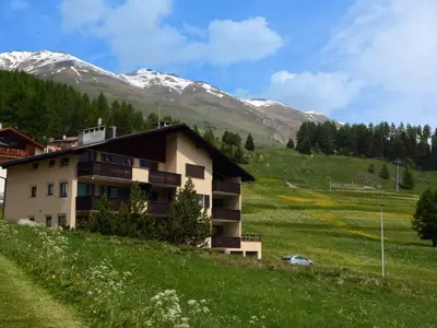 Chesa Brünella, umgeben von Wiesen.