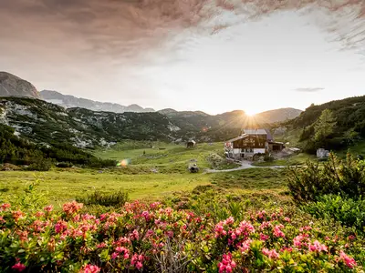 Gjaid Alm unter Sonnenuntergang im prächtigen Sommer