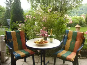 Südterrasse mit direkten Zugang zum Garten und Liegewiese