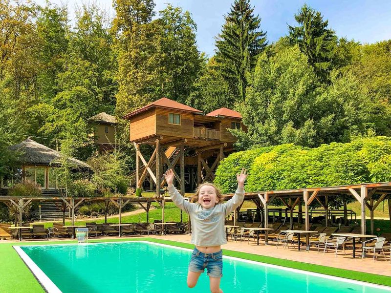 Baumhaus Hotel Anlage mit Salzwasserpool in Bad Gleichenberg im Styrassic Park