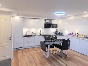 Der Küchen- und Essbereich ist in das Wohnzimmer integriert.