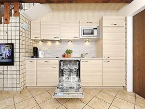 Kochbereich. Küchenzeile mit Spülmaschine und Microwelle