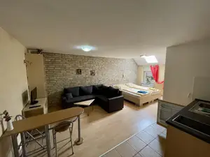 Wohn- und Schlafbereich mit Holztisch sowie einer Küchenzeile